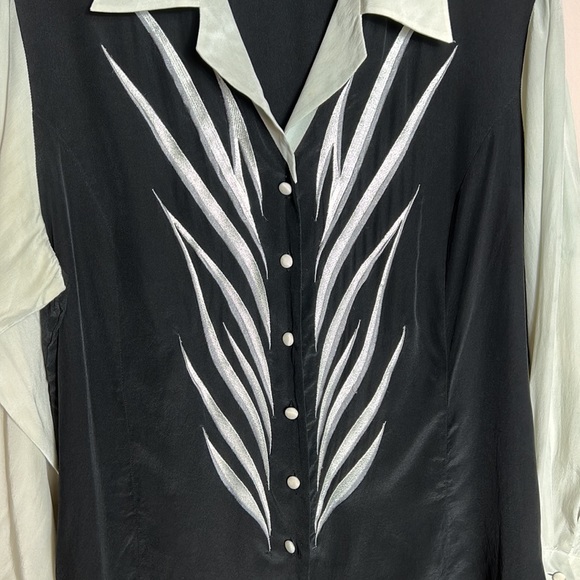 VINTAGE BOB MACKIE SILK WEARABLE ART BLOUSE sage green size M - Picture 5 of 11